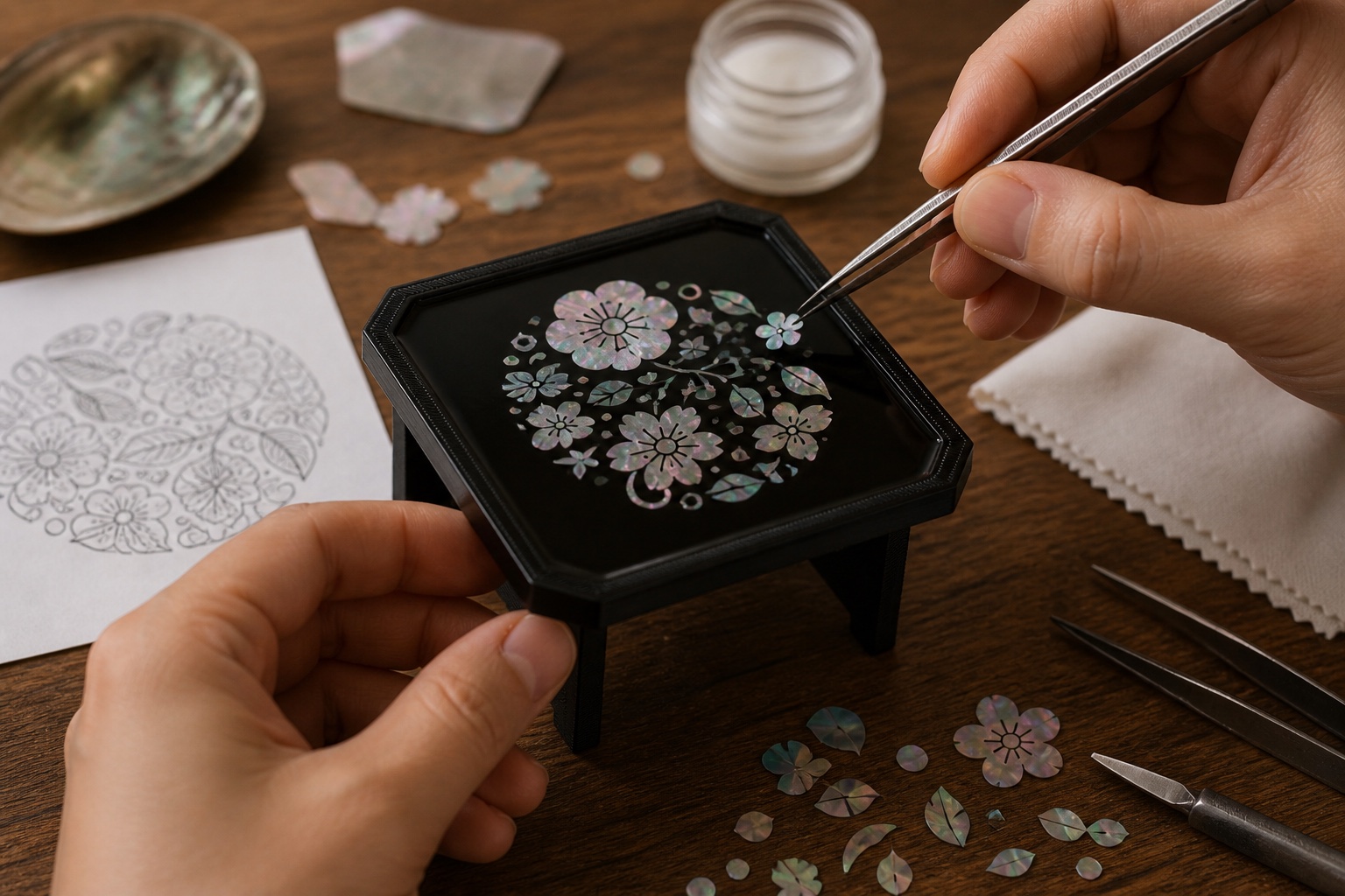 핀셋으로 미니 소반 위에 자개 조각을 붙이는 과정